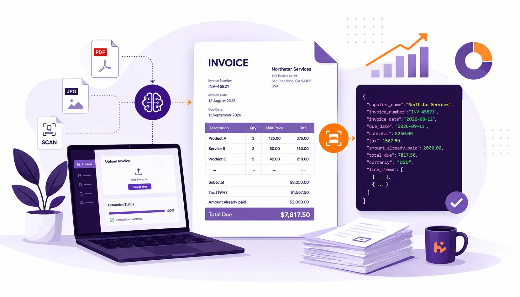 Vector illustration of invoice extraction turning PDFs and scans into selected fields and structured JSON or CSV with Heyyel Data Extractor.
