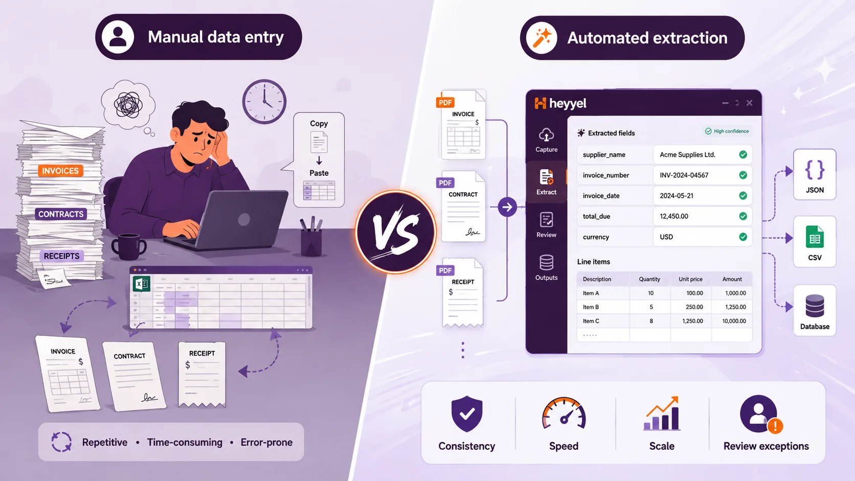 Vector comparison of manual data entry and automated document extraction with structured fields and JSON or CSV outputs.