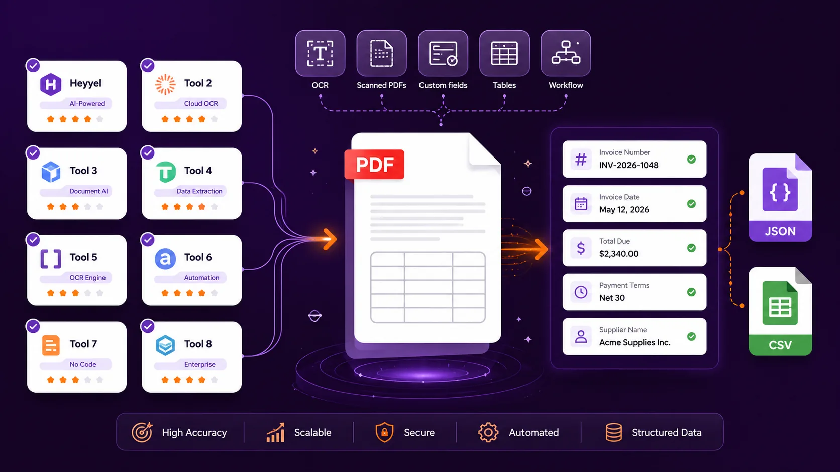 Vector illustration of PDF data extraction tools comparing OCR, custom fields, structured outputs and workflow use cases.